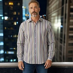 Robert Graham Striped Mens Shirt Sz L Embroidered Paisley‎ Flip Cuff Long Sleeve